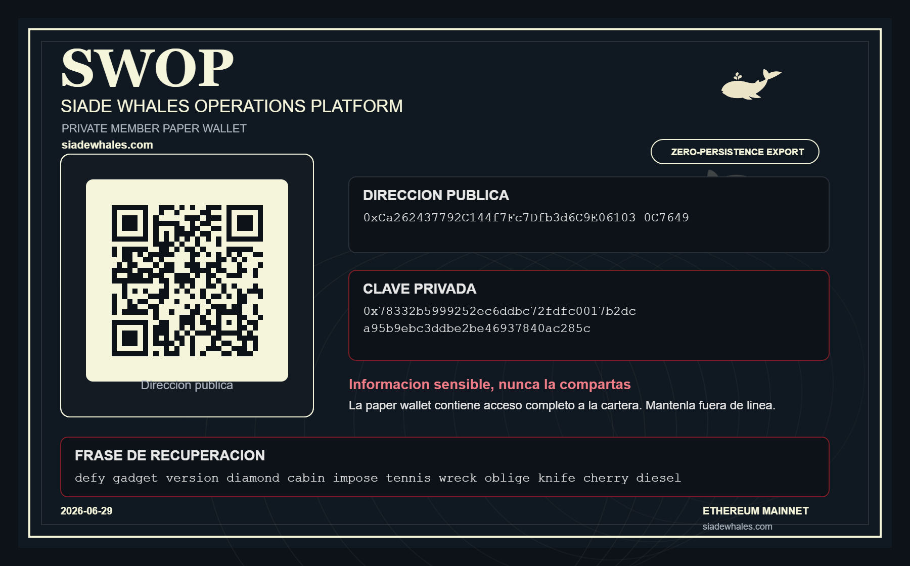 SWOP paper wallet export — public address, private key, recovery phrase and QR